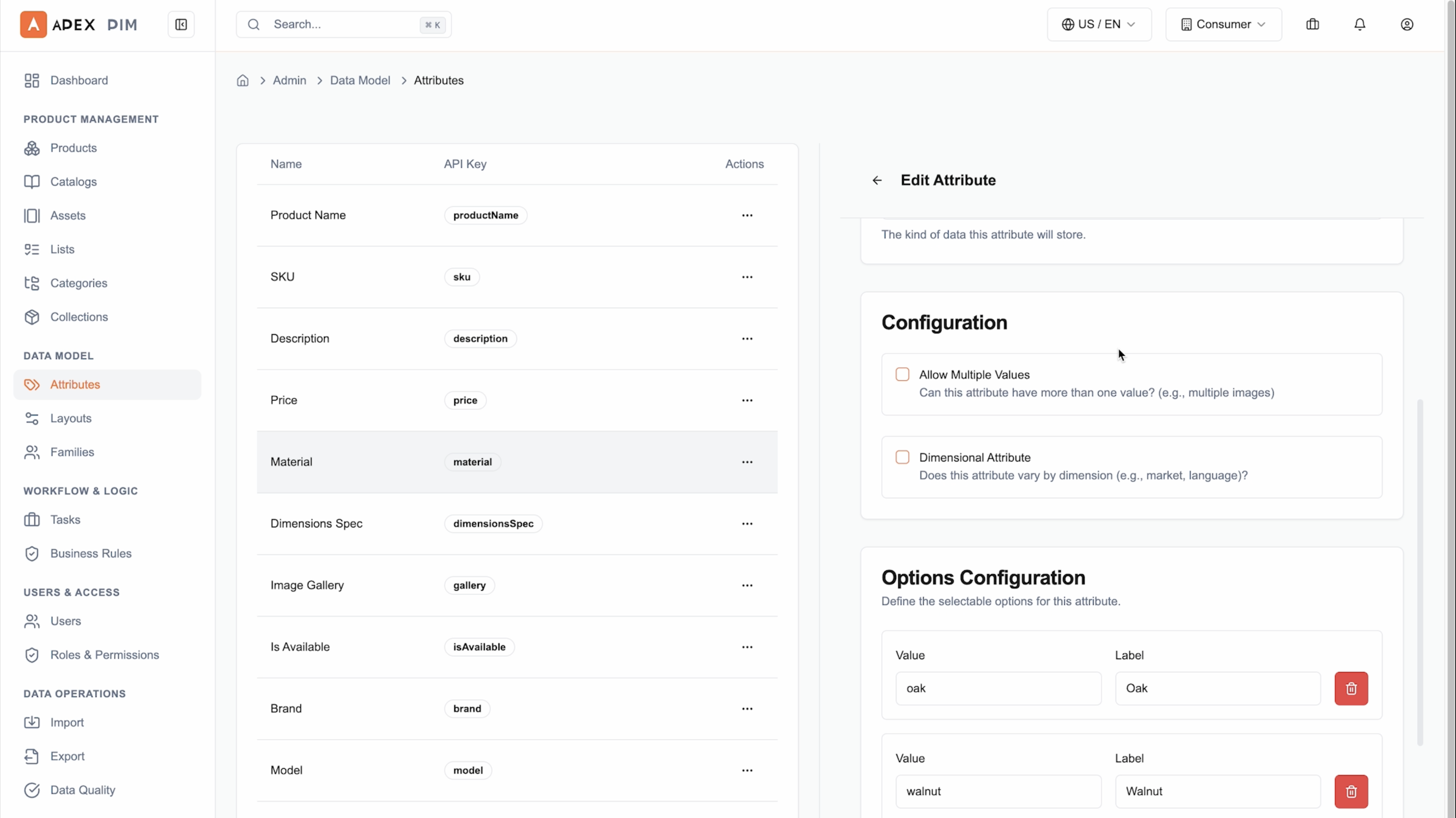 AI-generated PIM attribute management interface showing attribute types, validation rules, and data model configuration