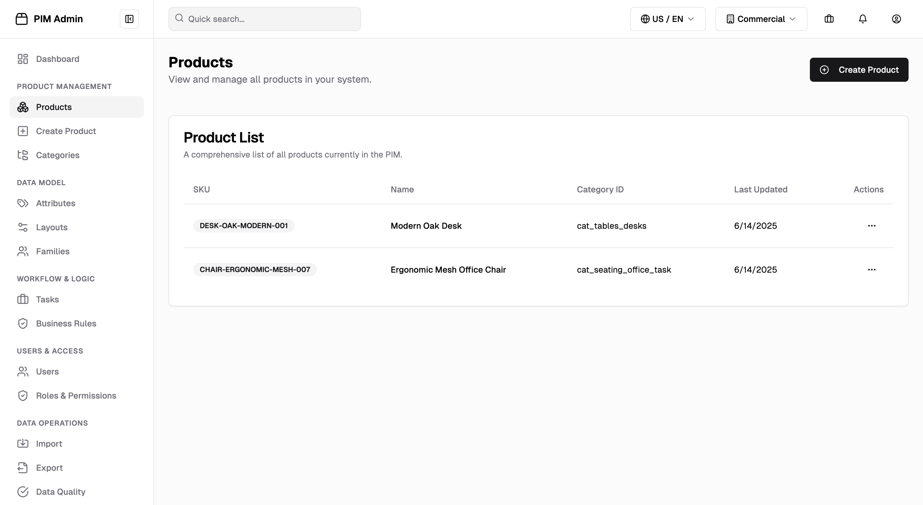 AI-generated PIM product listing interface showing modern design with product grid, search functionality, and management controls
