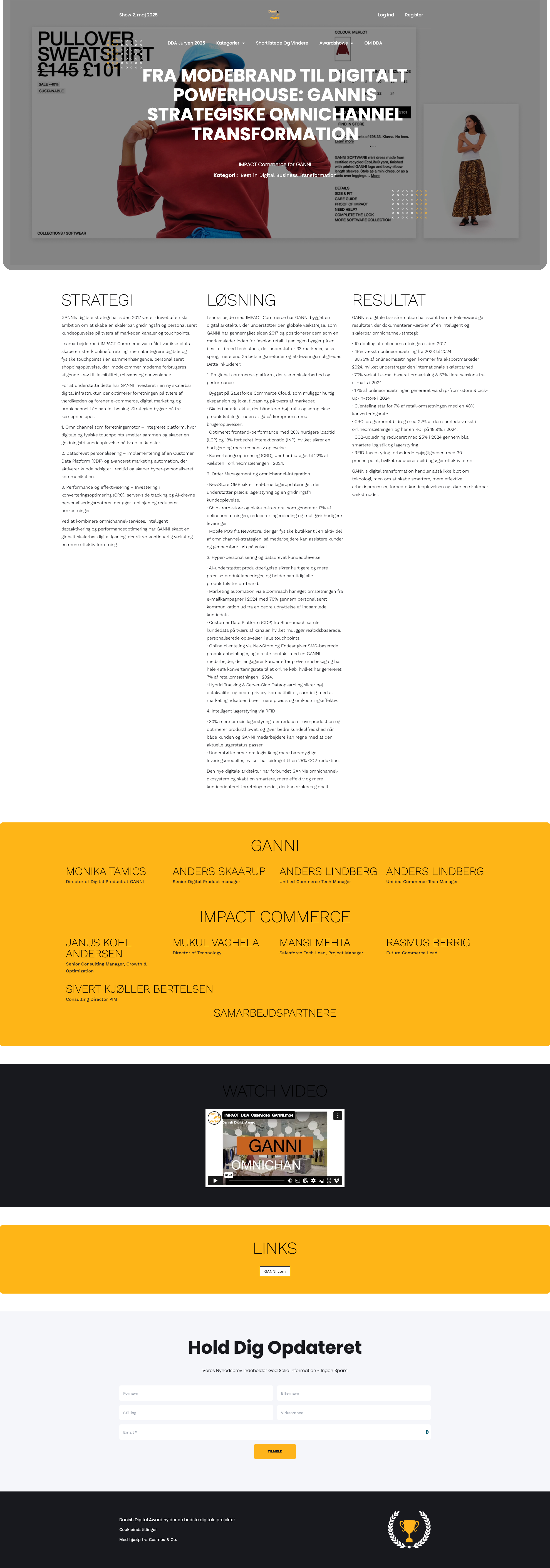 Danish Digital Award nomination page showing GANNI's customer experience transformation