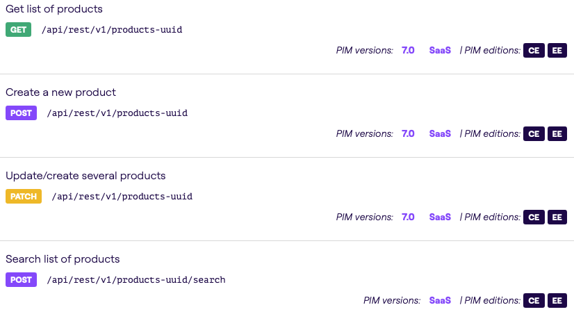 Akeneo API documentation interface showing REST endpoints and examples