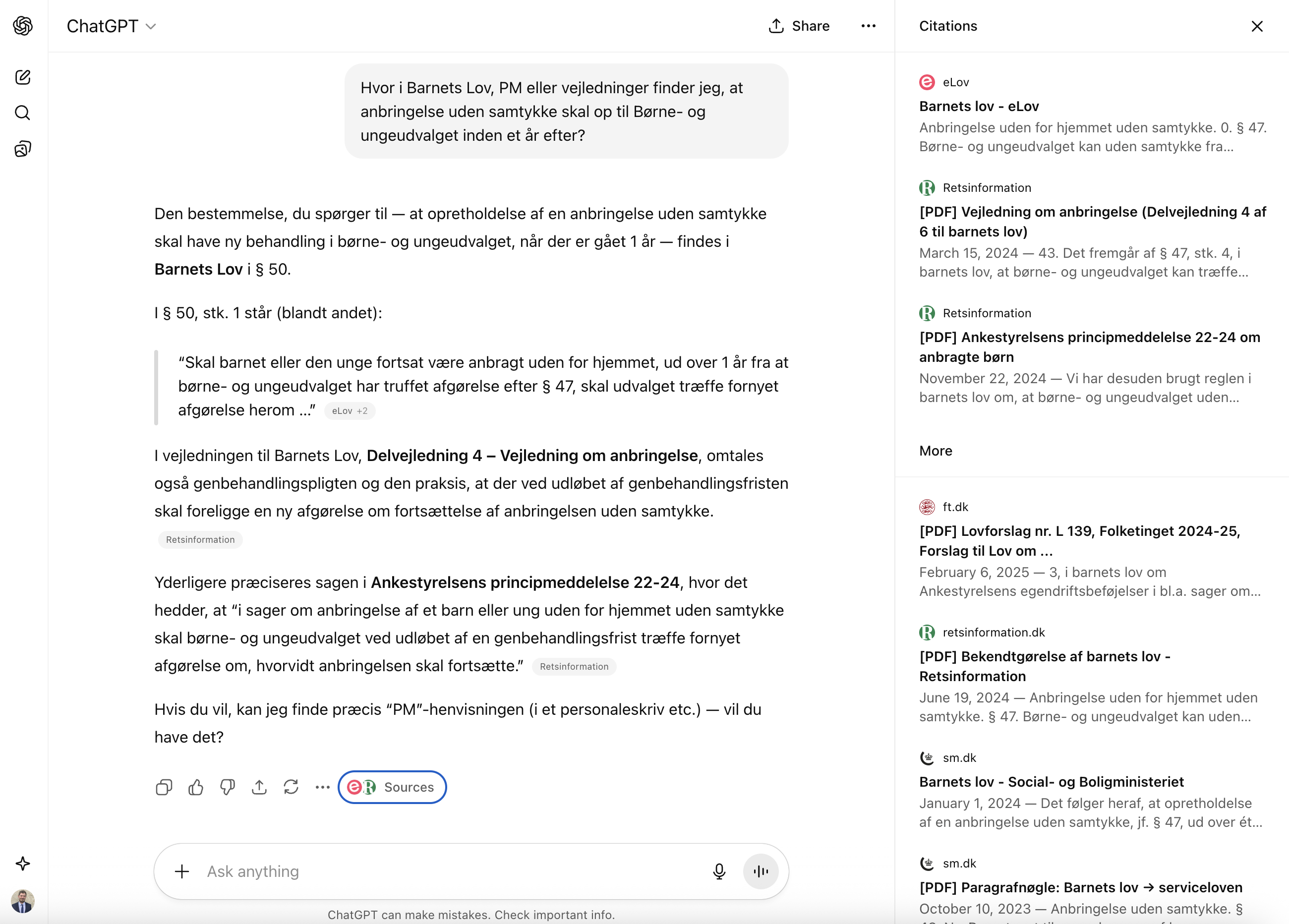 Screenshot showing ChatGPT response to question about Barnets Lov § 115