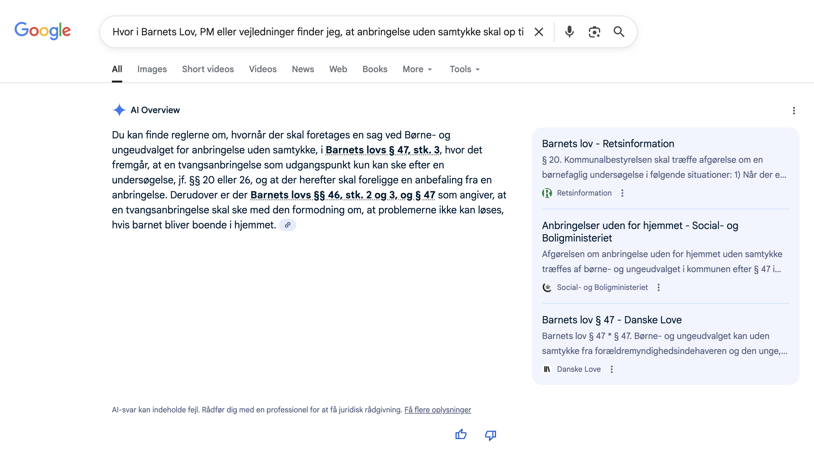 Screenshot showing Google AI response to question about Barnets Lov § 115