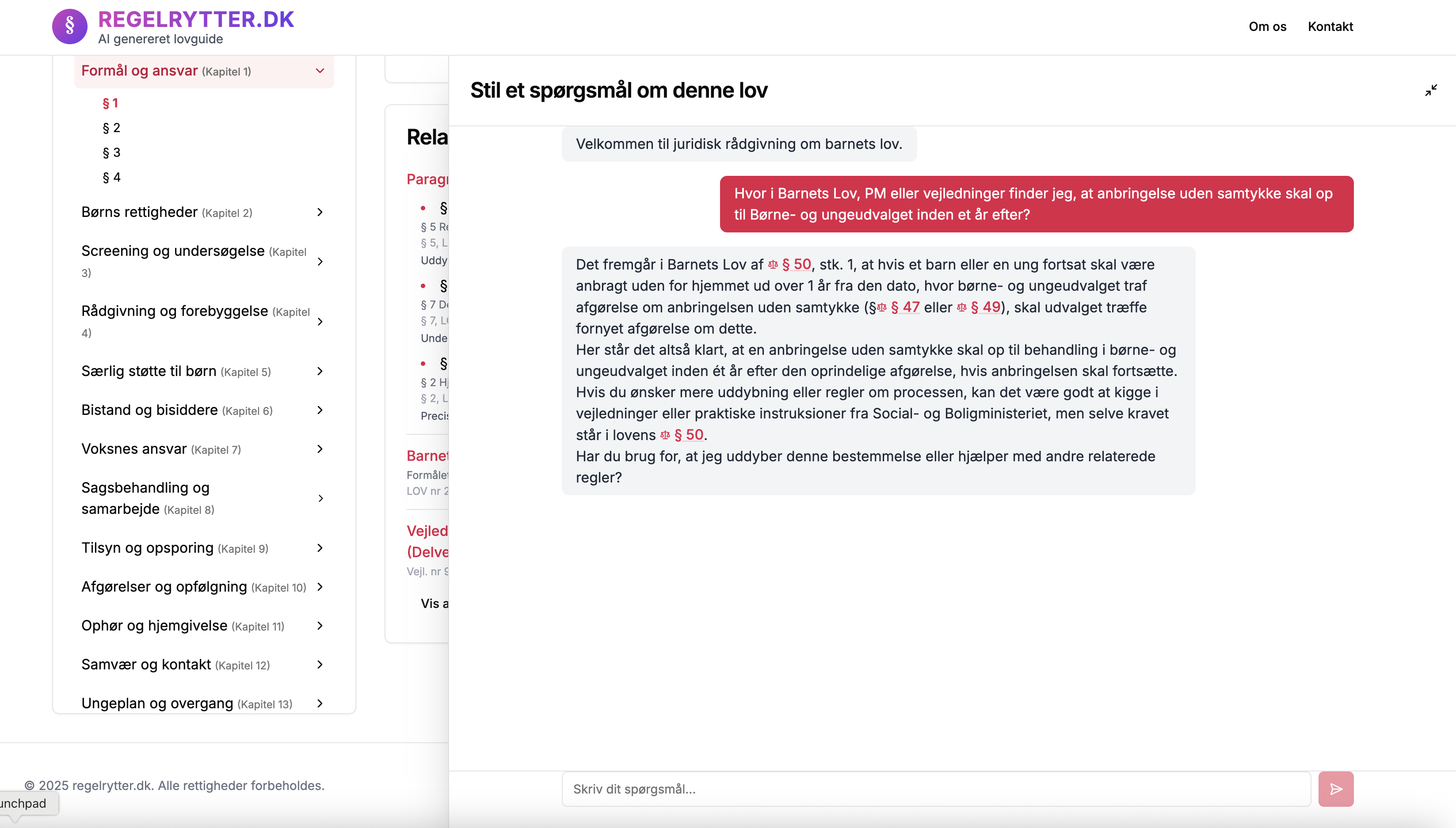 Screenshot showing regelrytter.dk comprehensive response with sources and principafgørelser
